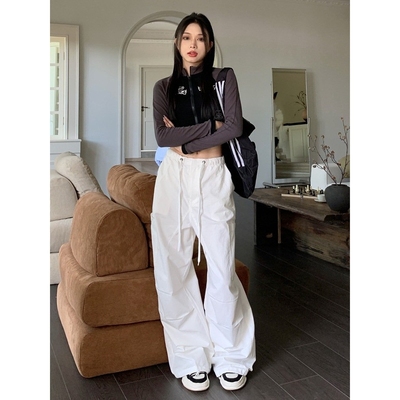 透气白色阔腿拖地休闲工装裤女夏季抽绳松紧腰宽松直筒降落伞裤子