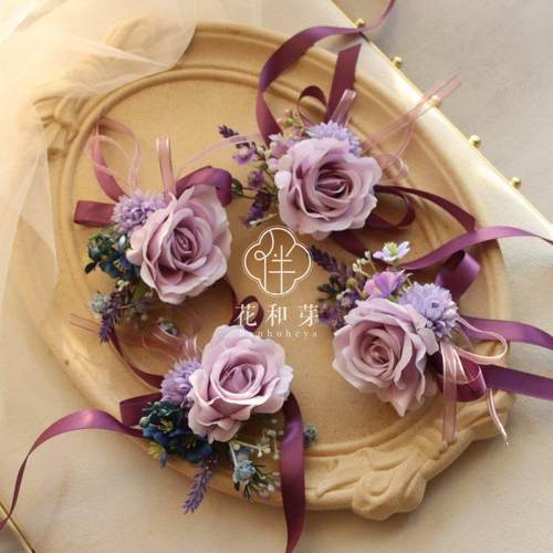 原创唯美蓝紫玫瑰花森系活动结婚胸花新郎伴娘姐妹团表演手腕花