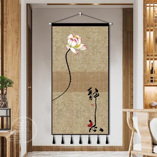 定制中式禅意荷花复古墙布挂布客厅茶室背景装饰遮丑挂毯布艺挂画
