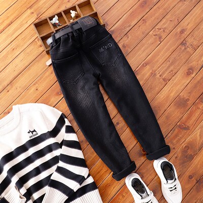 男童黑色薄绒瘦版牛仔小脚裤儿童秋冬裤子中大童修身底抓毛牛仔裤