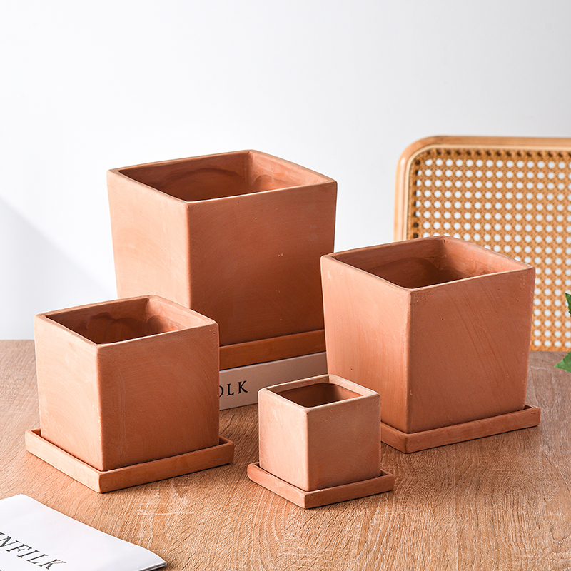 简约红陶正方陶盆素n烧陶土胚带托盘吸水粗陶多肉绿植君子兰花大