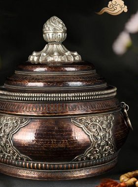 尼泊尔藏式糌粑盒收纳盒储物盒糖果罐民族风复古手工纯铜装饰摆件