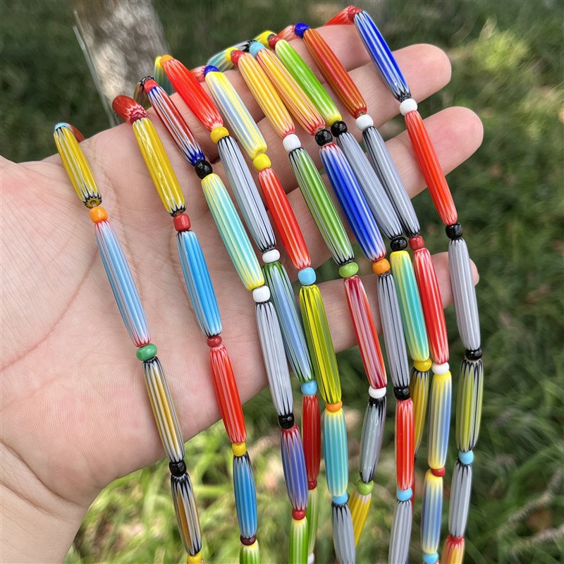 牙签顺发琉璃小h勒子天珠款彩色琉璃散珠半成品一条尺寸约5*28mm