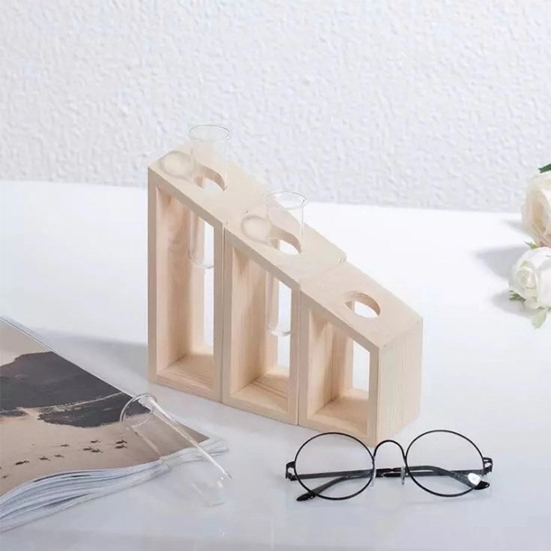 木质花瓶架创意水培植物木质花器简约家居试管玻璃花瓶