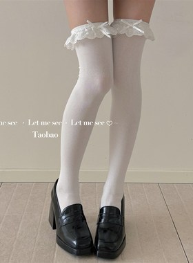 LET ME SEE 日系洛丽塔花边小腿女袜 少女蝴蝶结黑色棉过膝大腿袜