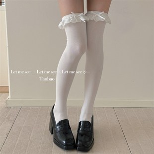 日系洛丽塔花边小腿女袜 SEE 少女蝴蝶结黑色棉过膝大腿袜 LET