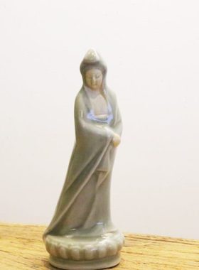 七八十年代国营汝瓷厂煤烧观音摆件青瓷家居饰品莲花老汝瓷