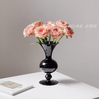 小众中古花器黑花瓶玻璃高级感水培插花鲜花客厅书房玄关装饰摆件