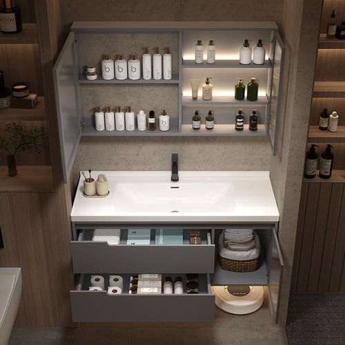 妙泉海实木浴室柜组合陶瓷一体盆洗脸盆洗手盆洗漱台盆智能镜柜