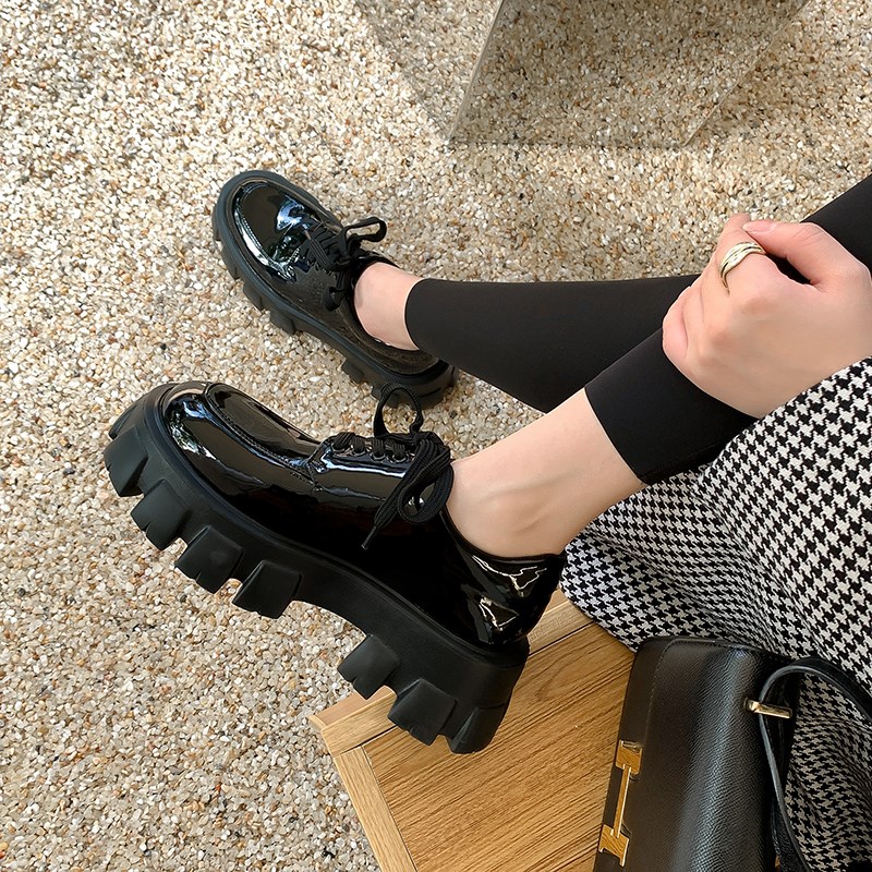 厚底增高小皮鞋女英伦风复古粗跟百搭乐福鞋刘雯同V款松糕真皮单