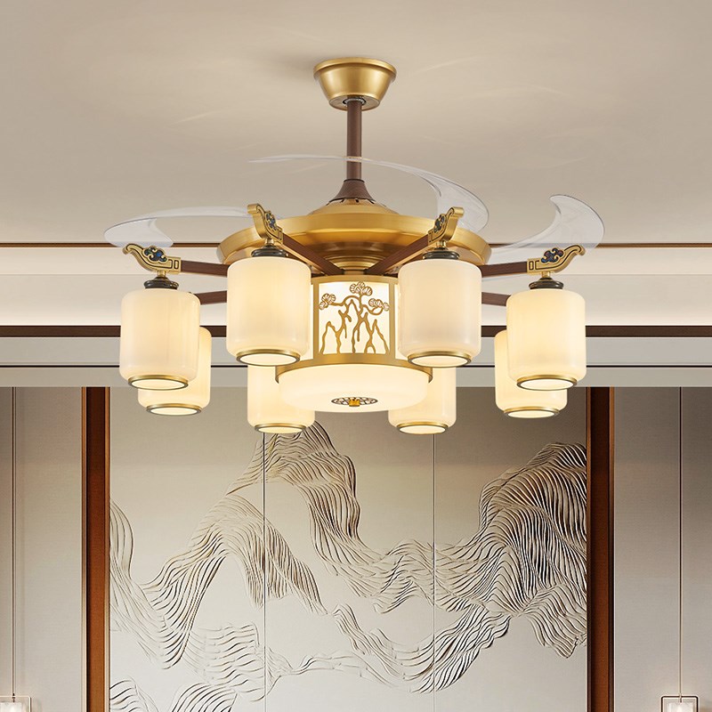 新中式客厅风扇灯朝下隐形一体电灯D餐厅吊灯中国风饭店包厢吊扇