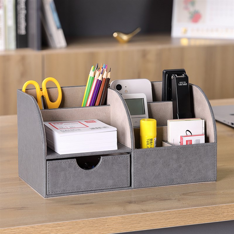 抽屉多功能笔筒创意可爱皮质桌面摆件文具收纳盒家居办公用品定制