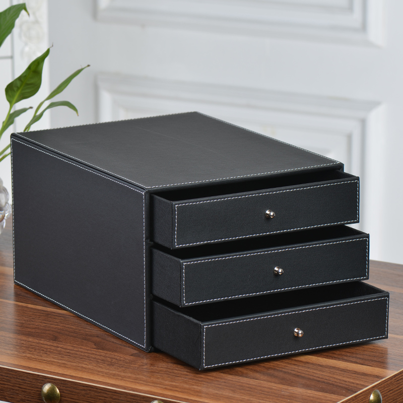 皮革桌面收纳盒 创意办公文件柜 A4整理盒 二抽屉柜包邮