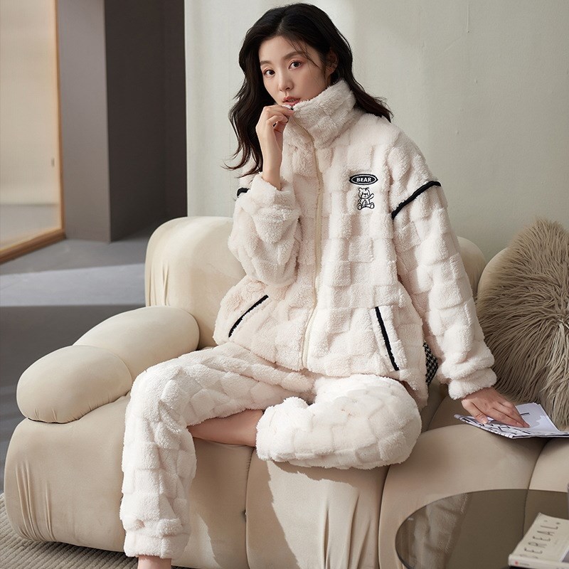 珊瑚绒睡衣c女冬季加厚加绒保暖秋冬法兰绒冬款冬天拉链家居服套
