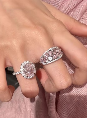 Vintage中古风粉钻微镶锆石戒C轻奢满钻璀璨精工复古奢华叠戴指环