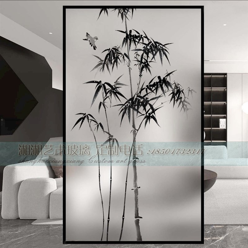入户玄关隔断屏风玻璃中式风格鸟语花香竹报平安墨竹彩绘夹绢夹丝