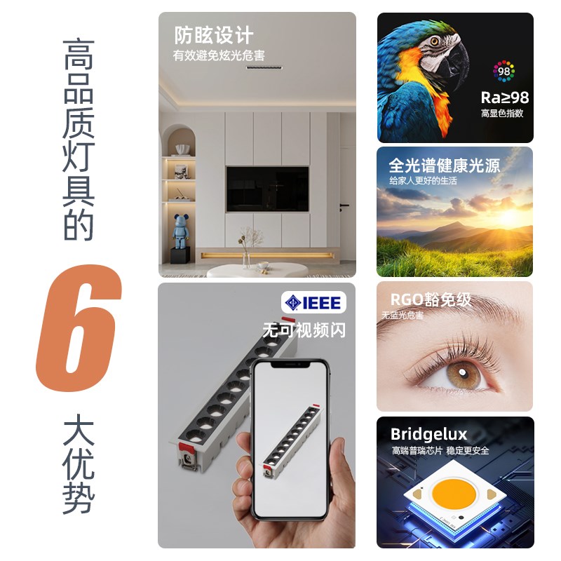 已接入APP智能嵌入式格栅灯全光谱98显指无极调光家用客厅灯