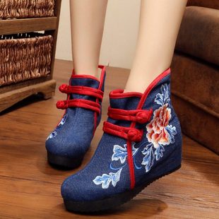 帆布绣花5厘米坡跟内增高短靴女单靴厚底高跟靴布鞋 2018秋季 新款