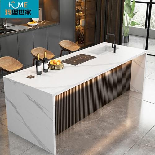 轻奢奶油风岩板岛台餐桌一体家用中导台高端多功能料理台吧台定制