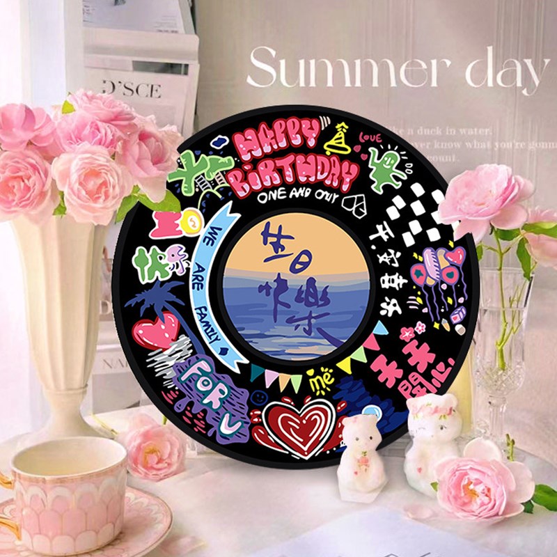 生日快乐数字油画diy填充涂色油彩画唱片肌理画女生手工闺蜜礼物