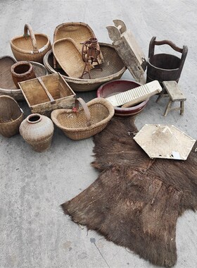 民俗老物件篮子木桶簸箕竹筛老农耕农具摆件复古红军斗笠蓑衣道具