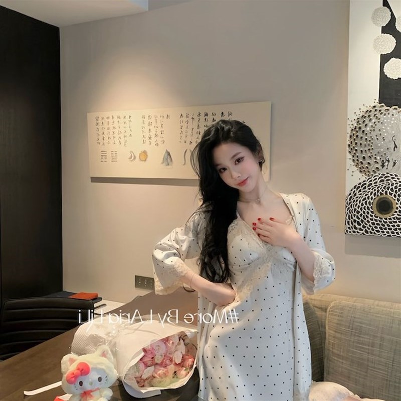 花边波点吊带睡裙女夏季睡衣新款韩E版纯欲风睡袍家居服两件套外