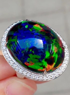 新款奢华仿天然大颗n七彩欧泊澳宝戒指 镶钻时尚豪华轻奢宴会婚戒