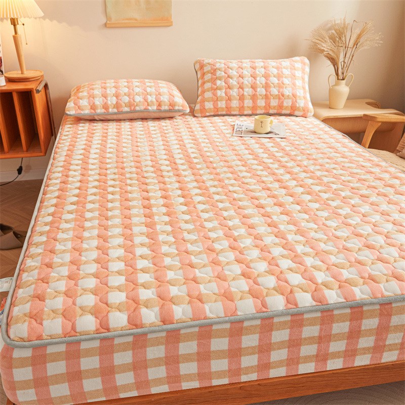 印花牛奶绒夹棉床笠单件r加绒加厚水晶绒法莱绒简约纯色床垫套床