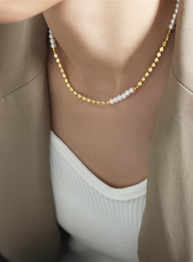 简约时尚欧美ins风气质不掉色B铜材质淡水珍珠扁豆拼接项链首饰品