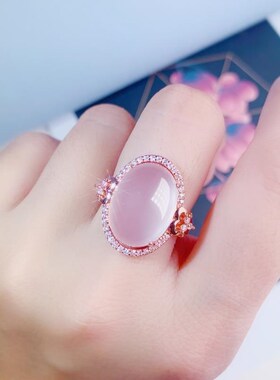 镀S925银仿天然粉晶芙蓉石v镀925戒指淡粉水晶宝石鸽子蛋厂家直销