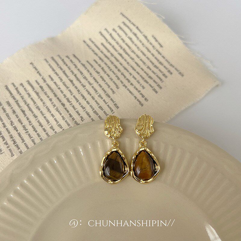 美拉德虎眼石水滴耳夹无耳洞轻奢小D众设计感高级耳环独特秋冬耳