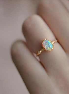 极光恋曲仿欧泊石复古宫廷x风镀S925银戒指女指环高贵典雅气