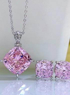 珠宝2023新款14*14枕w形粉色21ct高碳钻吊坠女锁骨项链女925银