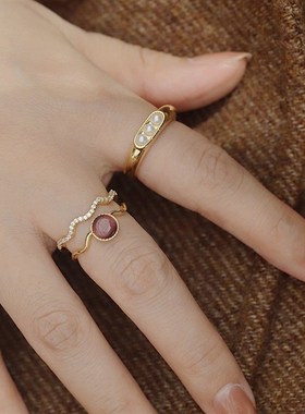 法式复古双层锆石珍珠猫眼石戒指女F小众个性简约百搭气质指环戒