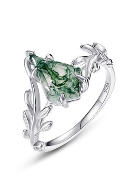 跨境新款橄榄枝i天然绿苔藓石戒指S925银镶水草玛瑙几何食指戒欧