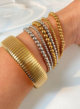 跨境欧美INS时间简约不锈钢手链炉B内18K金珠子弹性手链不掉色饰