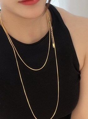 镀18K金e方蛇骨链ins轻奢钛钢金色长款项链女双层简约不掉色百搭