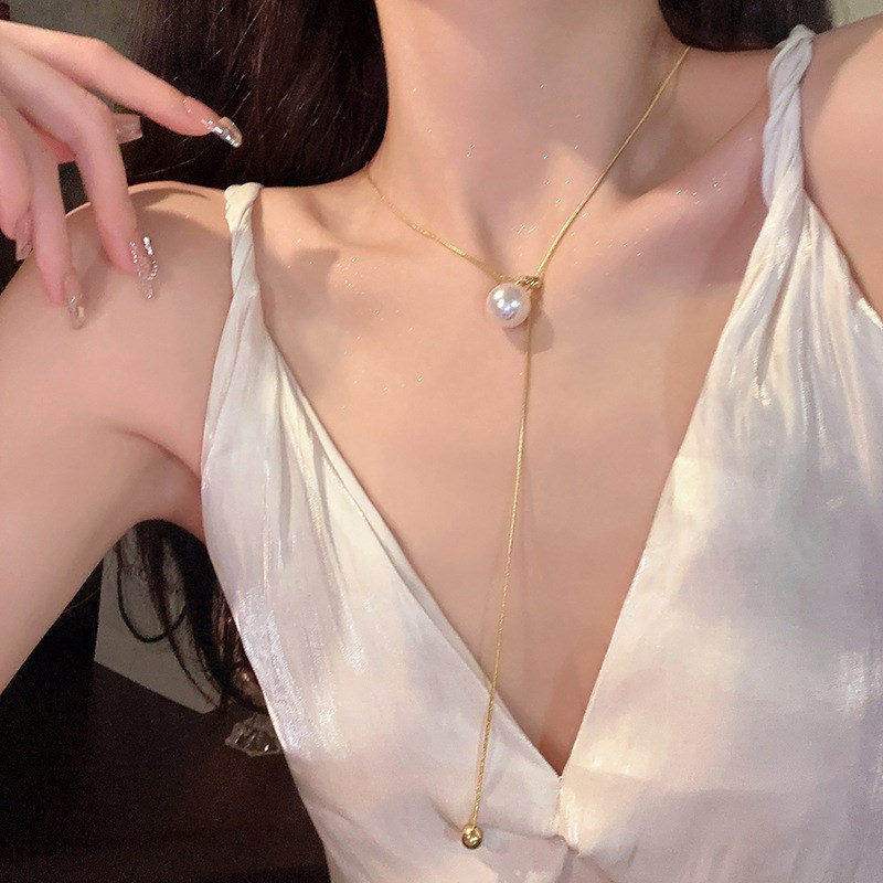 蛇链可抽拉仿珍珠水滴长款项链女轻奢小M众设计感锁骨链颈链潮
