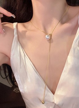 蛇链可抽拉仿珍珠水滴长款项链女轻奢小M众设计感锁骨链颈链潮