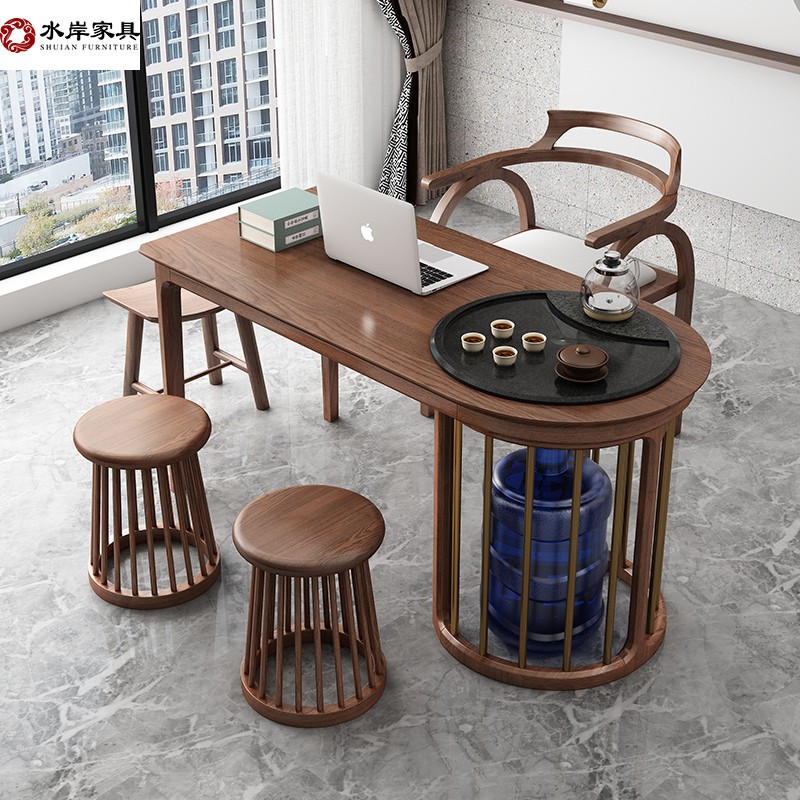现代时尚实木茶桌新中式简约家用办公G书桌茶台一体两用茶桌椅组