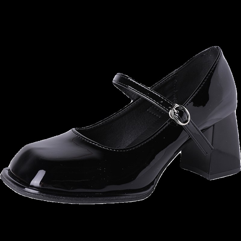 高跟玛丽珍单鞋女2023年秋季新款温柔晚晚M风亮面漆皮黑色粗跟单