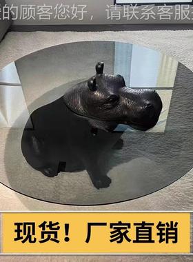 性创用意物河马个茶几35743网红动玻璃圆形小茶几客厅家现代轻奢