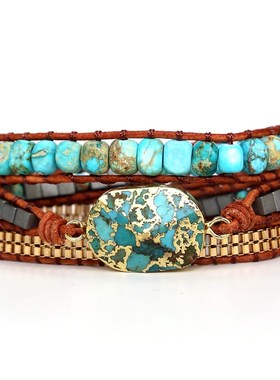 2023欧美外贸k 复古金线松链条手链 男女串珠天然石编织手链