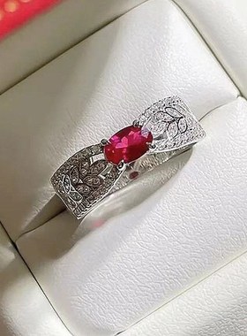 珠宝 2023新款925银时尚百搭欧美风仿真红宝V石麦穗镂空戒指