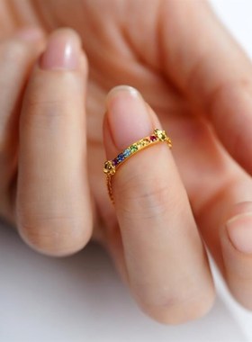 【彩虹】镀S925银镶嵌彩色石指间彩H虹指链戒指饰品戒指气质女