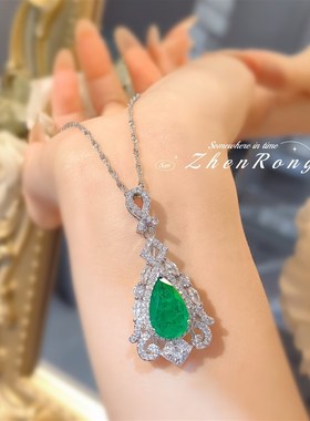 奢华豪镶培育祖母绿吊坠时尚气质百F搭高碳钻水滴梨形绿钻项链女