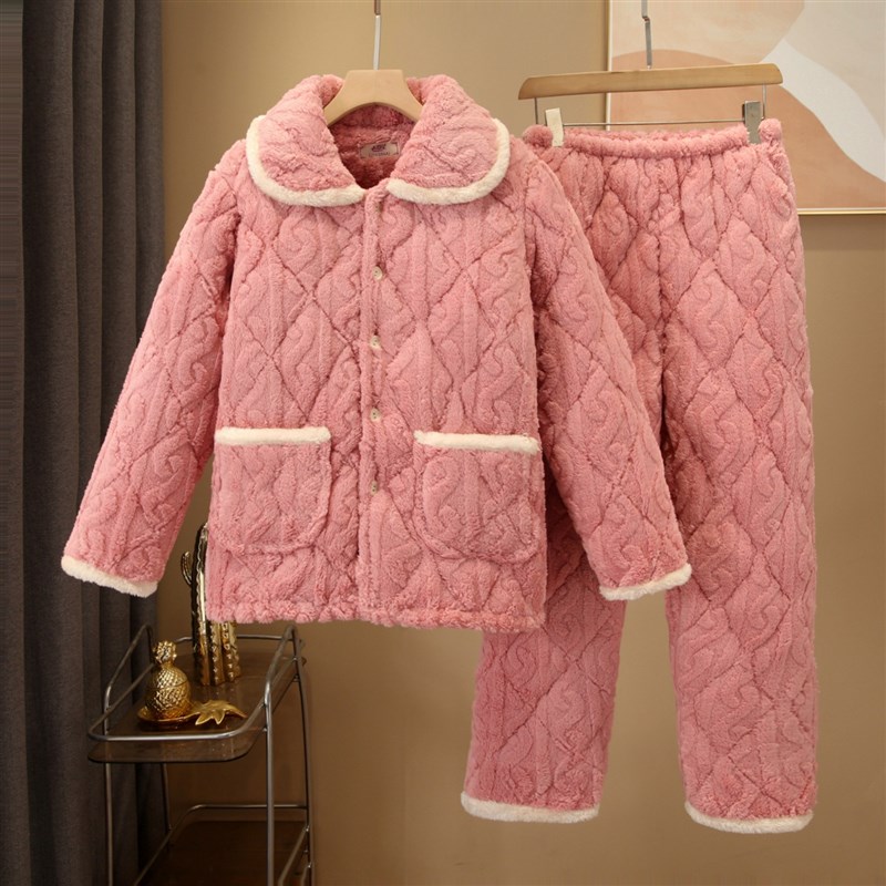 新款秋冬季e睡衣女士三层加厚夹棉珊瑚绒保暖家居服套装可外穿加