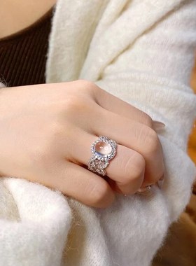 珠宝 天然i水沫玉戒指女925银种玉石8*10鸽子蛋中国时尚款