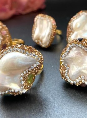 天然复古异形巴洛克珍珠镶嵌碧A玺捷克钻戒指环食指戒子手工保色