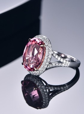 珠宝5克拉合成粉碧玺戒指女镀18K白金镶嵌仿真X锆石活口指环